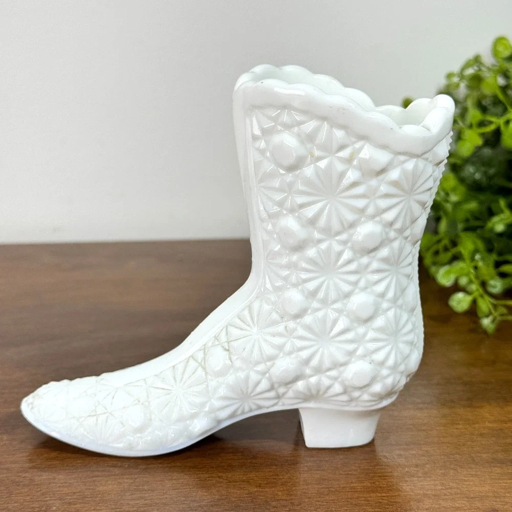 Fenton Vase White Milk Glass Boot Figurine Daisy and Button Pattern 4 